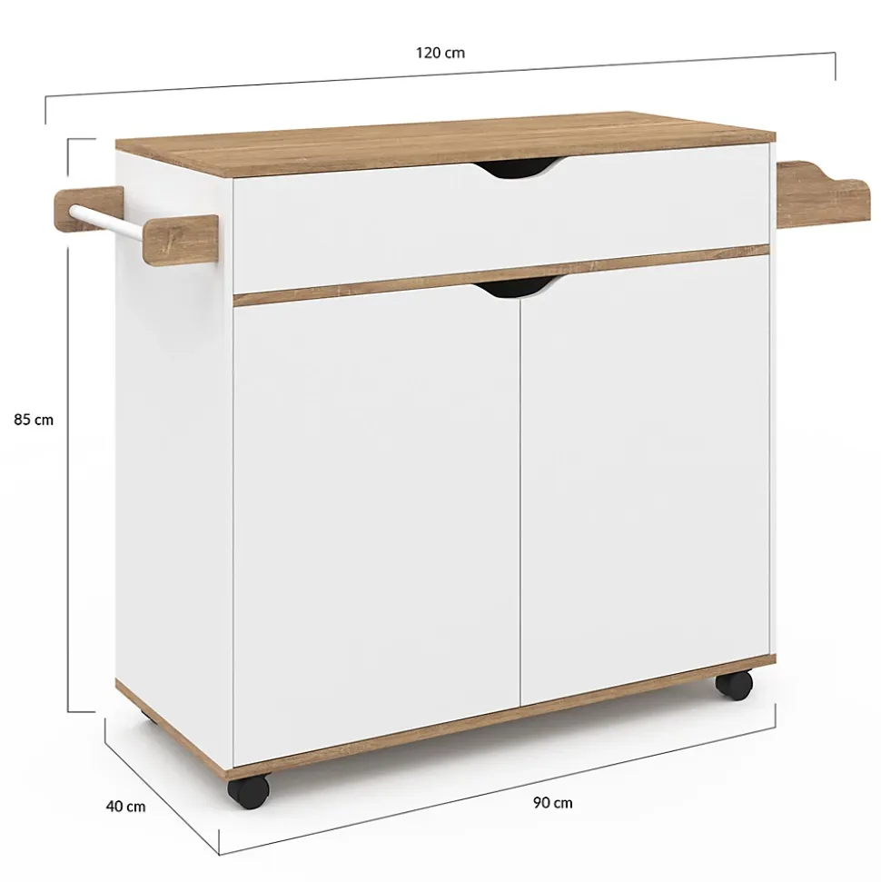 Desserte de cuisine COSY XXL placard avec tiroir blanc et plateaux façon hêtre L.90 CM