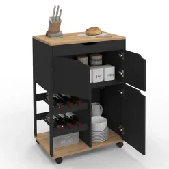 Desserte de cuisine COSY avec placards et range bouteilles bois et noir