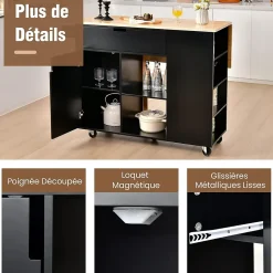 Desserte de Cuisine Desserte à roulettes en Bois avec Placard 124x76x92 CM étagère Ouverte et Tiroir Plateau Extensible Pliable