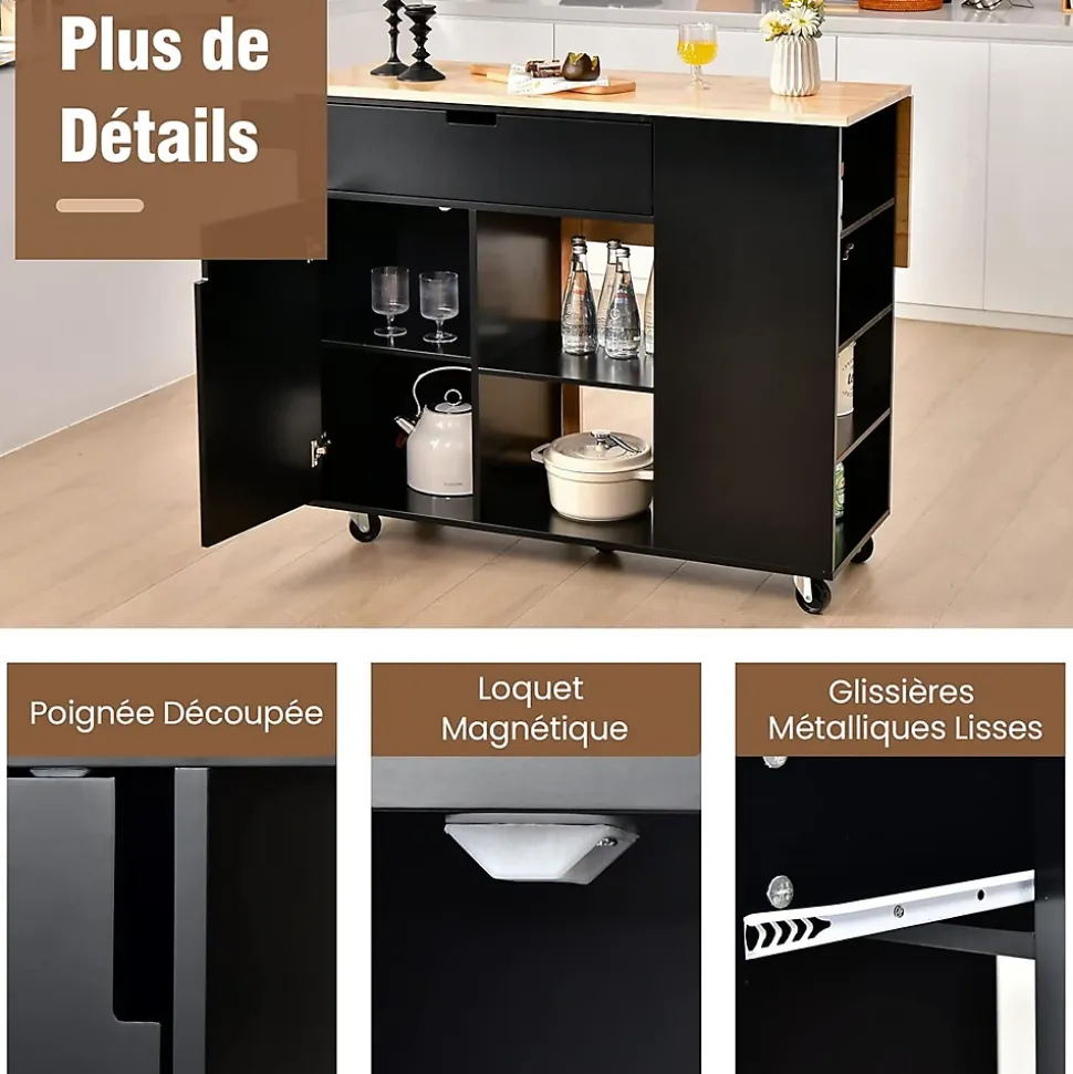 Desserte de Cuisine Desserte à roulettes en Bois avec Placard 124x76x92 CM étagère Ouverte et Tiroir Plateau Extensible Pliable