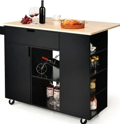 Desserte de Cuisine Desserte à roulettes en Bois avec Placard 124x76x92 CM étagère Ouverte et Tiroir Plateau Extensible Pliable