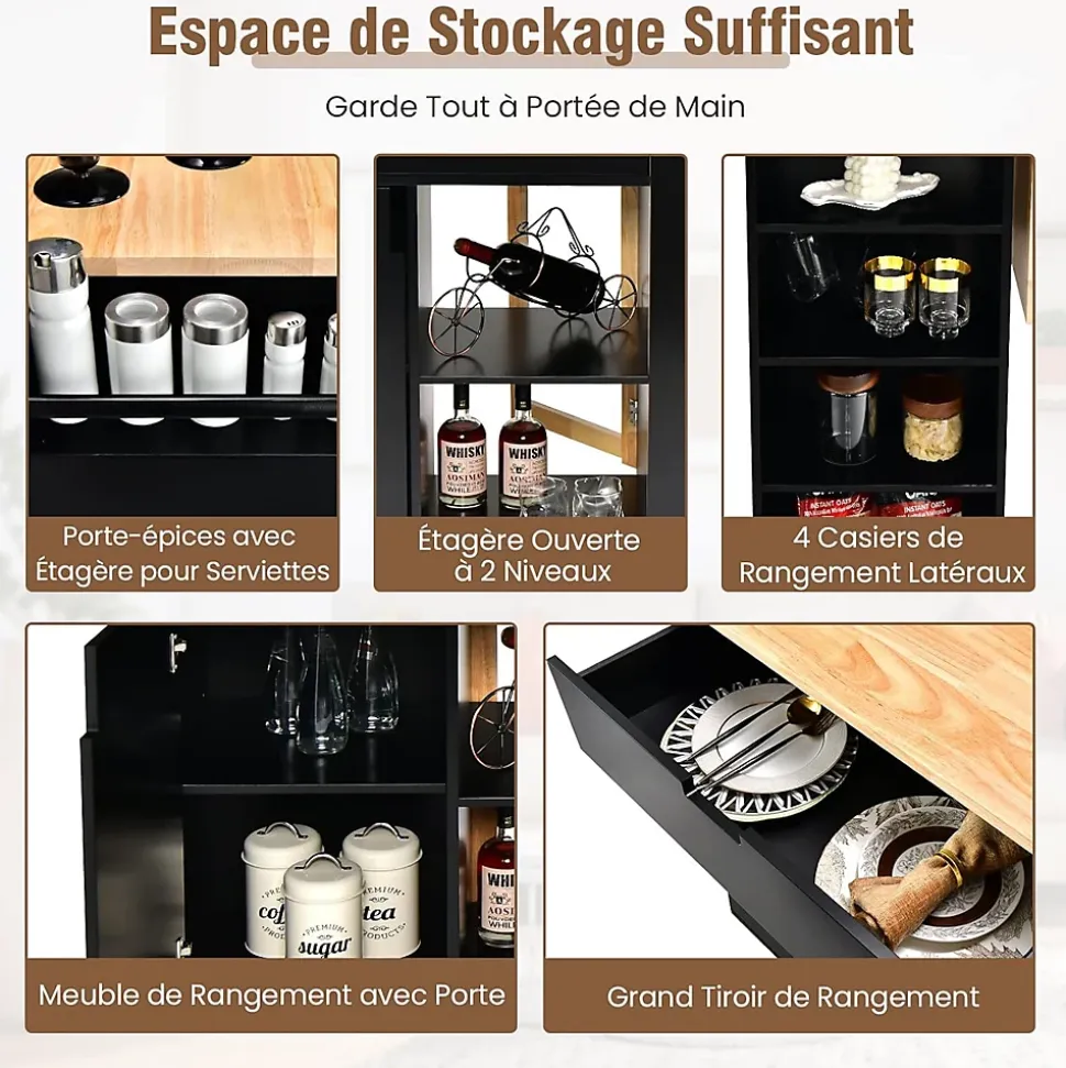 Desserte de Cuisine Desserte à roulettes en Bois avec Placard 124x76x92 CM étagère Ouverte et Tiroir Plateau Extensible Pliable