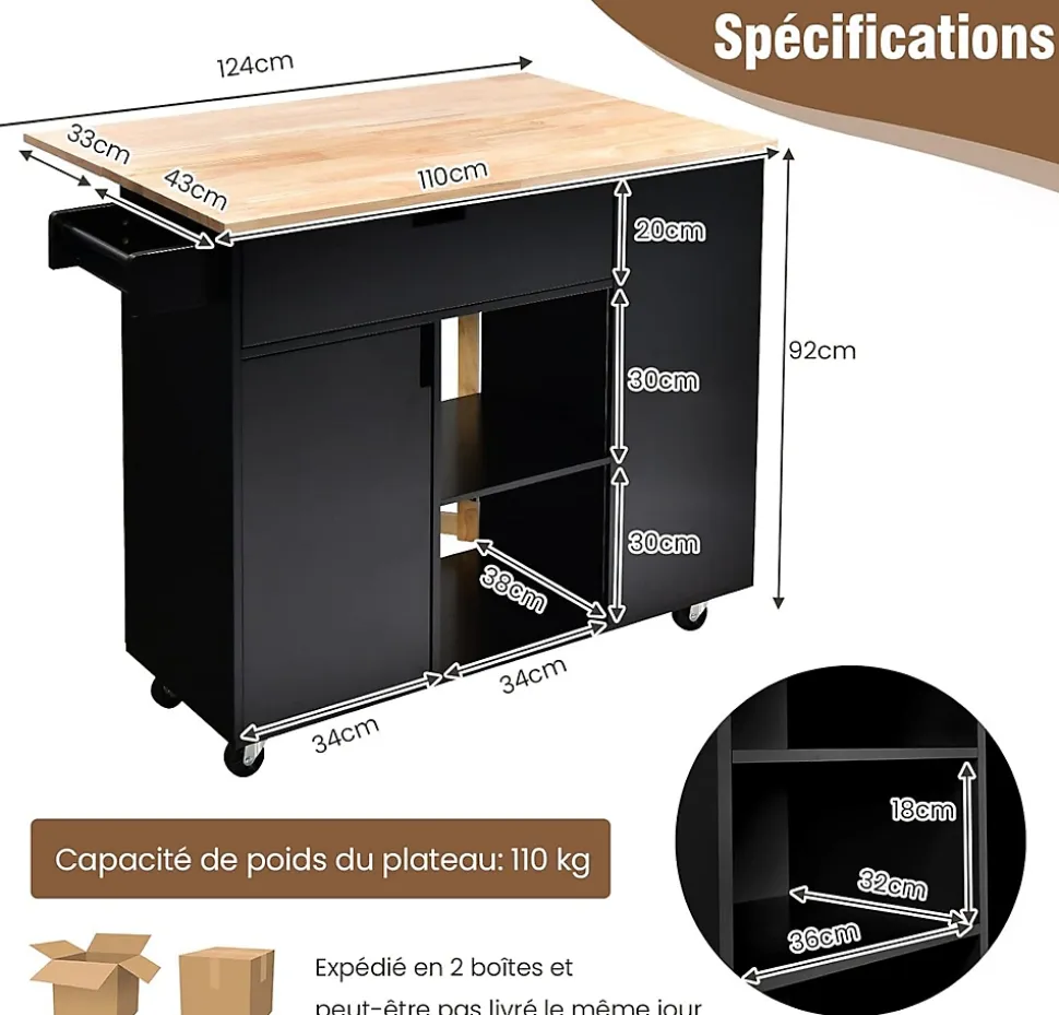 Desserte de Cuisine Desserte à roulettes en Bois avec Placard 124x76x92 CM étagère Ouverte et Tiroir Plateau Extensible Pliable
