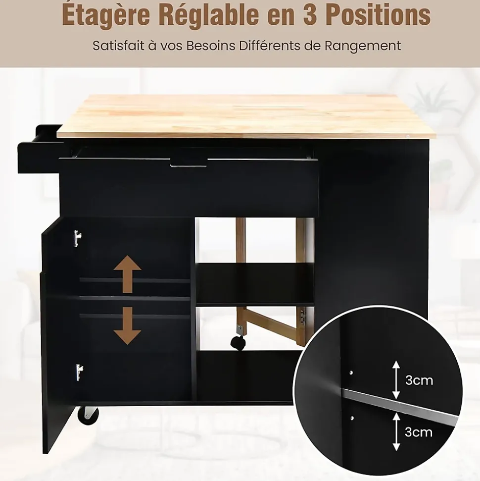 Desserte de Cuisine Desserte à roulettes en Bois avec Placard 124x76x92 CM étagère Ouverte et Tiroir Plateau Extensible Pliable