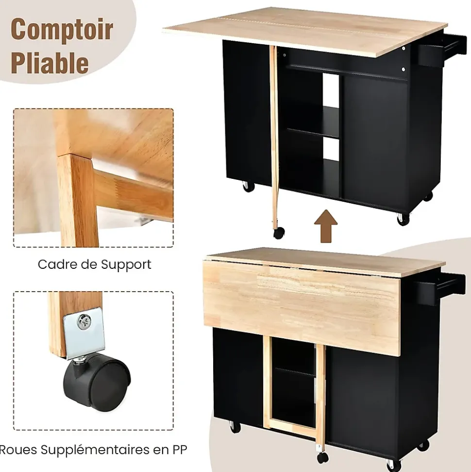 Desserte de Cuisine Desserte à roulettes en Bois avec Placard 124x76x92 CM étagère Ouverte et Tiroir Plateau Extensible Pliable