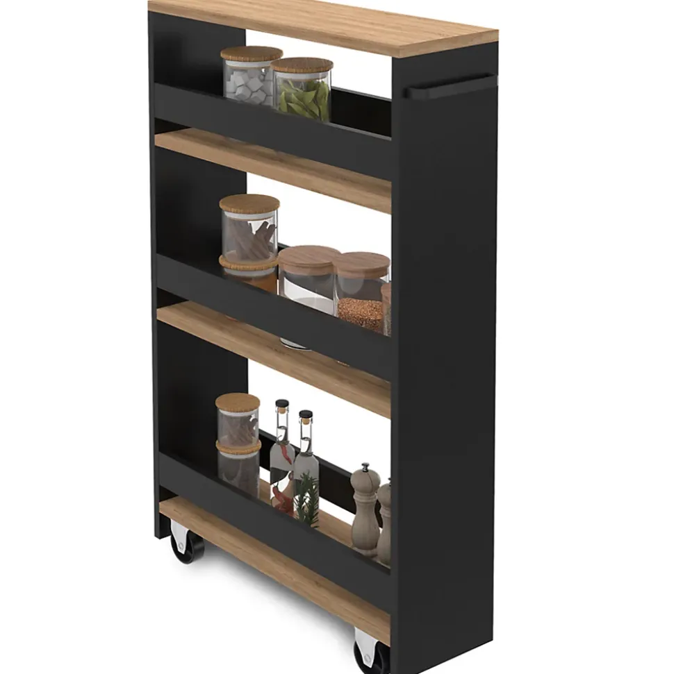 Desserte de cuisine gain de place HAGA chariot de rangement à étages noir et façon hêtre