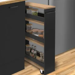 Desserte de cuisine gain de place HAGA chariot de rangement à étages noir et façon hêtre