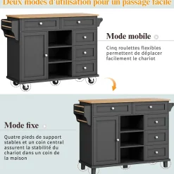 Desserte de Cuisine Moderne - Chariot de Cuisine Mobile avec Tiroirs et Rangements, Meuble MDF, 134x46x92 cm, Noir