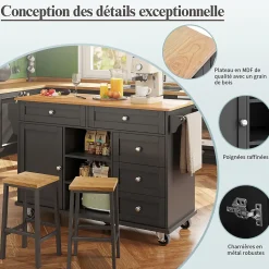 Desserte de Cuisine Moderne - Chariot de Cuisine Mobile avec Tiroirs et Rangements, Meuble MDF, 134x46x92 cm, Noir