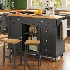 Desserte de Cuisine Moderne - Chariot de Cuisine Mobile avec Tiroirs et Rangements, Meuble MDF, 134x46x92 cm, Noir