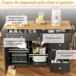 Desserte de Cuisine Moderne - Chariot de Cuisine Mobile avec Tiroirs et Rangements, Meuble MDF, 134x46x92 cm, Noir