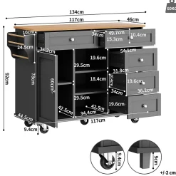 Desserte de Cuisine Moderne - Chariot de Cuisine Mobile avec Tiroirs et Rangements, Meuble MDF, 134x46x92 cm, Noir