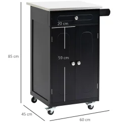 Desserte de cuisine multi-rangements 1 tiroir placard 2 portes avec étagère porte-torchons MDF noir acier inox.
