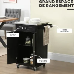 Desserte de cuisine multi-rangements 1 tiroir placard 2 portes avec étagère porte-torchons MDF noir acier inox.