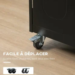 Desserte de cuisine multi-rangements 1 tiroir placard 2 portes avec étagère porte-torchons MDF noir acier inox.