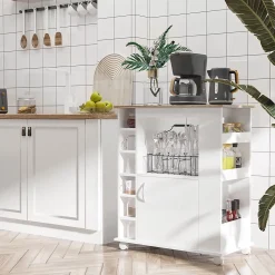 Desserte de cuisine multi-rangement porte grande niche 5 étagères 3 compartiments blanc aspect chêne clair