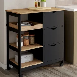 Desserte de cuisine MUNA 3 paniers + 1 plateau amovible noir et effet hêtre L.76 cm