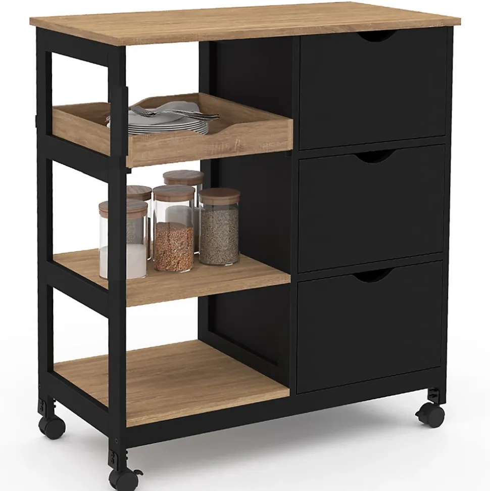 Desserte de cuisine MUNA 3 paniers + 1 plateau amovible noir et effet hêtre L.76 cm