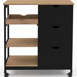 Desserte de cuisine MUNA 3 paniers + 1 plateau amovible noir et effet hêtre L.76 cm