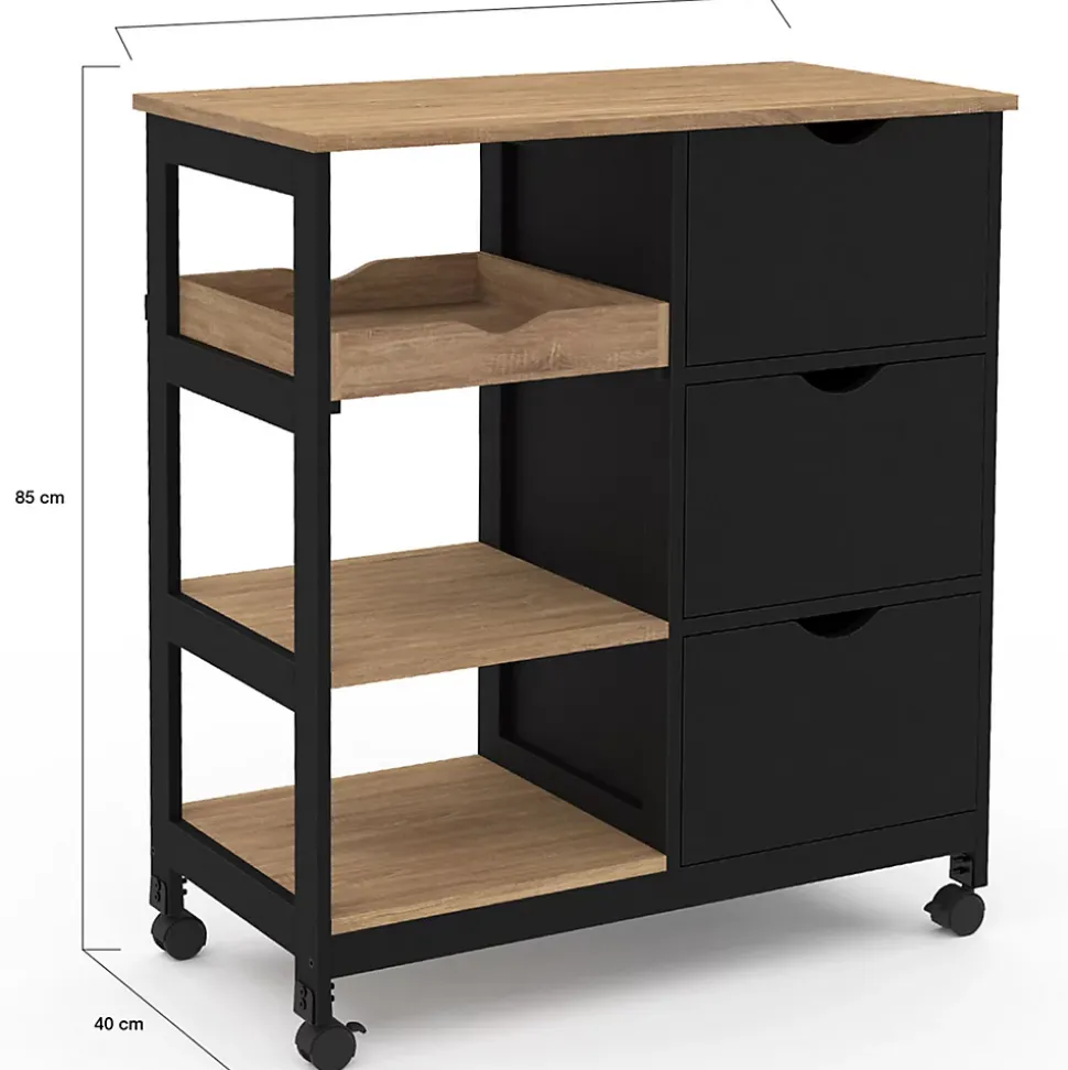 Desserte de cuisine MUNA 3 paniers + 1 plateau amovible noir et effet hêtre L.76 cm