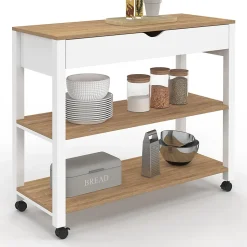 Desserte de cuisine PENH XXL avec tiroir et plan de travail blanc plateaux façon hêtre L.100 CM