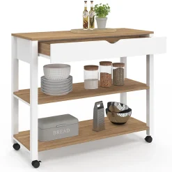 Desserte de cuisine PENH XXL avec tiroir et plan de travail blanc plateaux façon hêtre L.100 CM