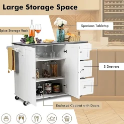 Desserte de Cuisine Placard à roulettes avec Support à épices et Porte Serviettes Blanc