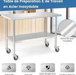 Desserte de Cuisine Table de Travail à Roulettesen Acier Inoxydable avec Étagère Réglable