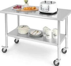 Desserte de Cuisine Table de Travail à Roulettesen Acier Inoxydable avec Étagère Réglable