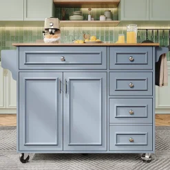 Desserte Îlot de Cuisine - Îlot de Cuisine Pliable avec Rangements et Roulettes, MDF et Métal, 110x75x92 cm, Bleu