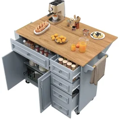 Desserte Îlot de Cuisine - Îlot de Cuisine Pliable avec Rangements et Roulettes, MDF et Métal, 110x75x92 cm, Bleu