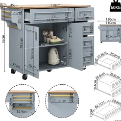 Desserte Îlot de Cuisine - Îlot de Cuisine Pliable avec Rangements et Roulettes, MDF et Métal, 110x75x92 cm, Bleu
