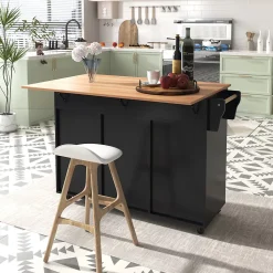 desserte Îlot de Cuisine - Plateau Pliant - Table Roulante - Rangement avec Tiroir - en MDF - 129 x 71 x 91,5 cm - Noir