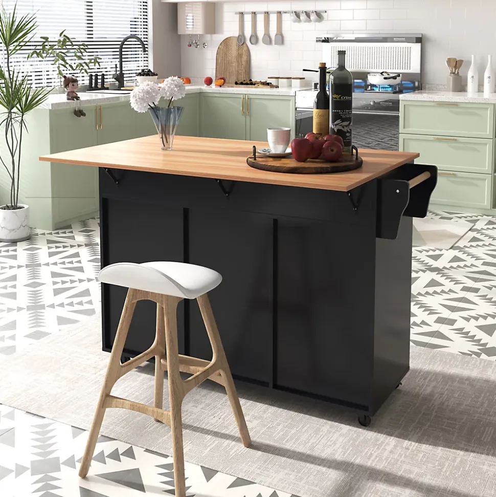 desserte Îlot de Cuisine - Plateau Pliant - Table Roulante - Rangement avec Tiroir - en MDF - 129 x 71 x 91,5 cm - Noir