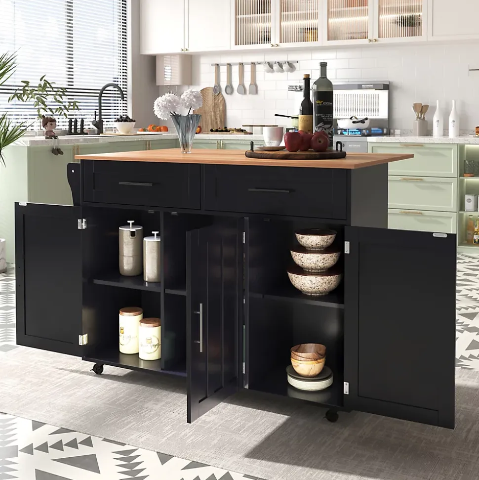 desserte Îlot de Cuisine - Plateau Pliant - Table Roulante - Rangement avec Tiroir - en MDF - 129 x 71 x 91,5 cm - Noir