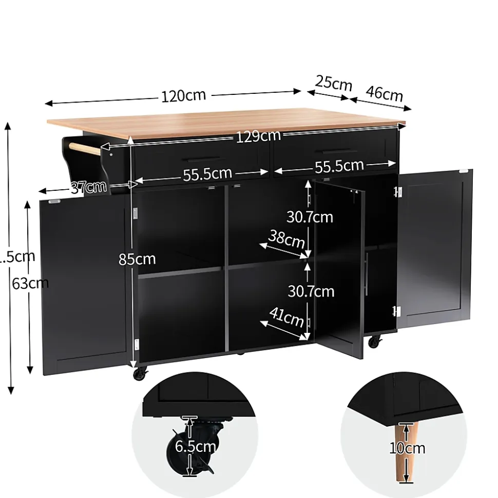 desserte Îlot de Cuisine - Plateau Pliant - Table Roulante - Rangement avec Tiroir - en MDF - 129 x 71 x 91,5 cm - Noir