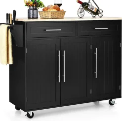 Desserte Îlot de Cuisine à roulettes en Bois avec 2 Placards étagère 2 Niveaux Réglables et 2 Tiroirs 122x46x93 CM Noir