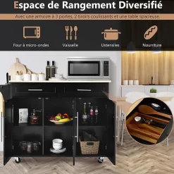 Desserte Îlot de Cuisine à roulettes en Bois avec 2 Placards étagère 2 Niveaux Réglables et 2 Tiroirs 122x46x93 CM Noir