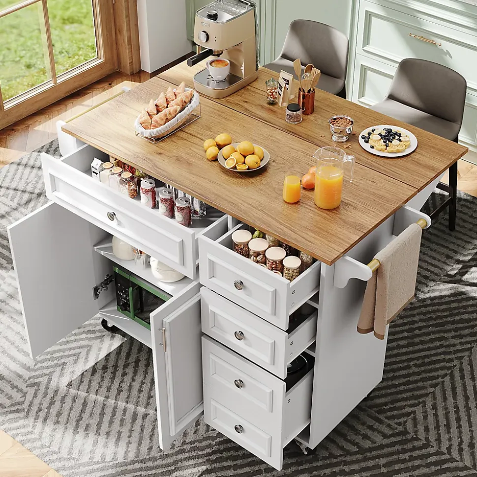 desserte Îlot de Cuisine - Îlot de Cuisine Pliable avec Rangements et Roulettes, MDF et Métal, 110x75x92 cm, Blanc