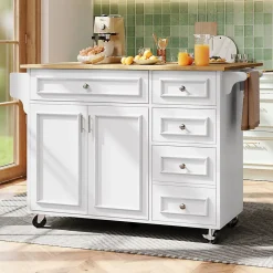 desserte Îlot de Cuisine - Îlot de Cuisine Pliable avec Rangements et Roulettes, MDF et Métal, 110x75x92 cm, Blanc