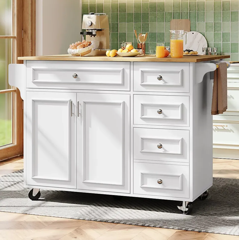 desserte Îlot de Cuisine - Îlot de Cuisine Pliable avec Rangements et Roulettes, MDF et Métal, 110x75x92 cm, Blanc