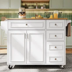 desserte Îlot de Cuisine - Îlot de Cuisine Pliable avec Rangements et Roulettes, MDF et Métal, 110x75x92 cm, Blanc