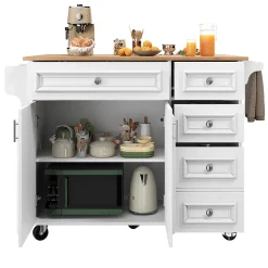 desserte Îlot de Cuisine - Îlot de Cuisine Pliable avec Rangements et Roulettes, MDF et Métal, 110x75x92 cm, Blanc