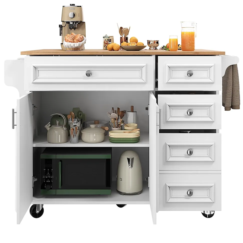 desserte Îlot de Cuisine - Îlot de Cuisine Pliable avec Rangements et Roulettes, MDF et Métal, 110x75x92 cm, Blanc