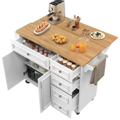 desserte Îlot de Cuisine - Îlot de Cuisine Pliable avec Rangements et Roulettes, MDF et Métal, 110x75x92 cm, Blanc