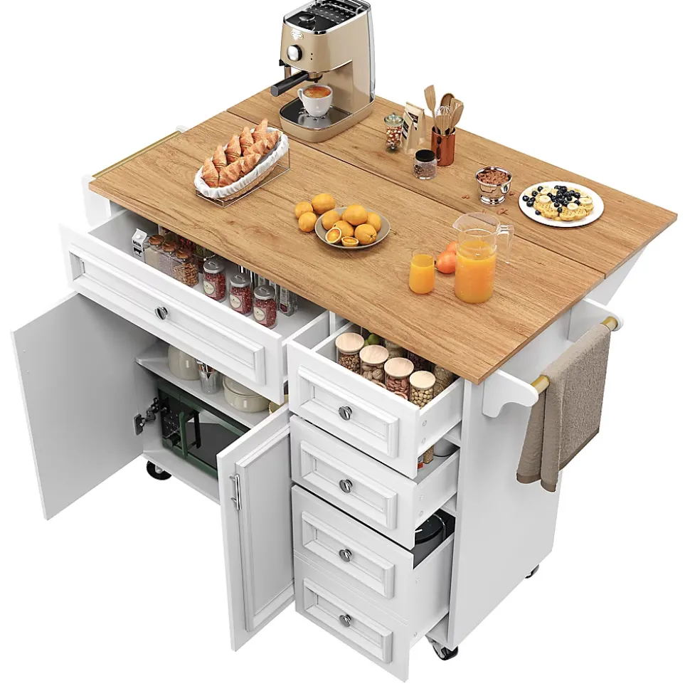 desserte Îlot de Cuisine - Îlot de Cuisine Pliable avec Rangements et Roulettes, MDF et Métal, 110x75x92 cm, Blanc