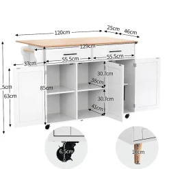 desserte Îlot de Cuisine avec Plateau Pliant et Tiroir, Table Roulante en MDF, 129 x 71 x 91,5 cm, Blanc