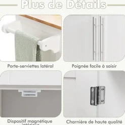 Desserte Îlot de Cuisine Desserte à roulettes Chariot de Cuisine en Bois avec Placard Étagère 3 Niveaux Réglables Blanc