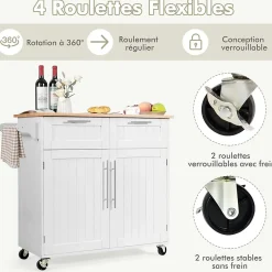 Desserte Îlot de Cuisine Desserte à roulettes Chariot de Cuisine en Bois avec Placard Étagère 3 Niveaux Réglables Blanc