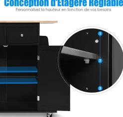 Desserte Îlot de Cuisine Desserte à roulettes Chariot en Bois avec Placard 2 étagères et 2 Tiroirs Support à 3 Niveaux